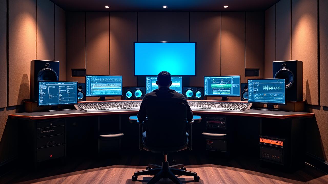 Sala de control de estudio de audio con consolas y monitores de alta gama