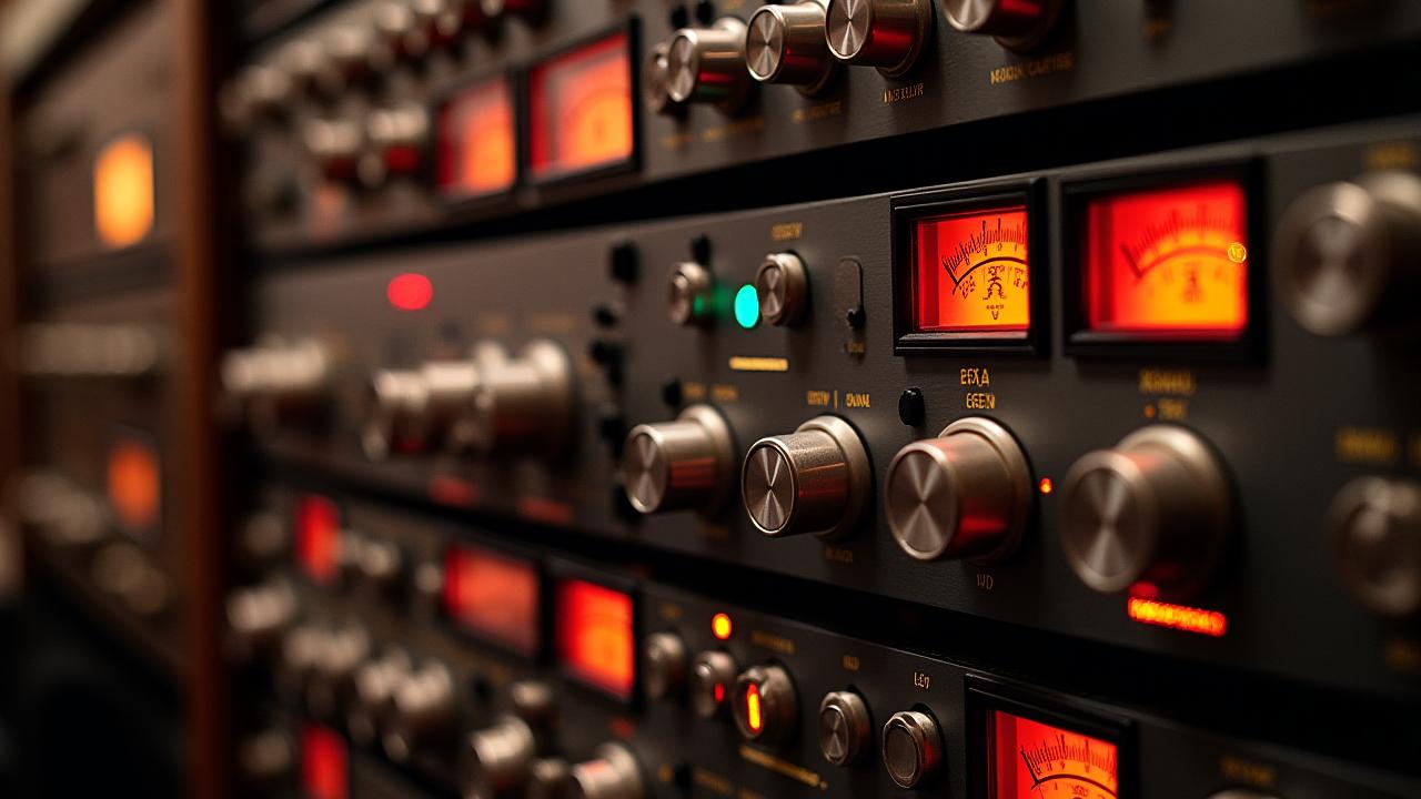 Primer plano de equipo de audio vintage en rack con mezcladores y compresores