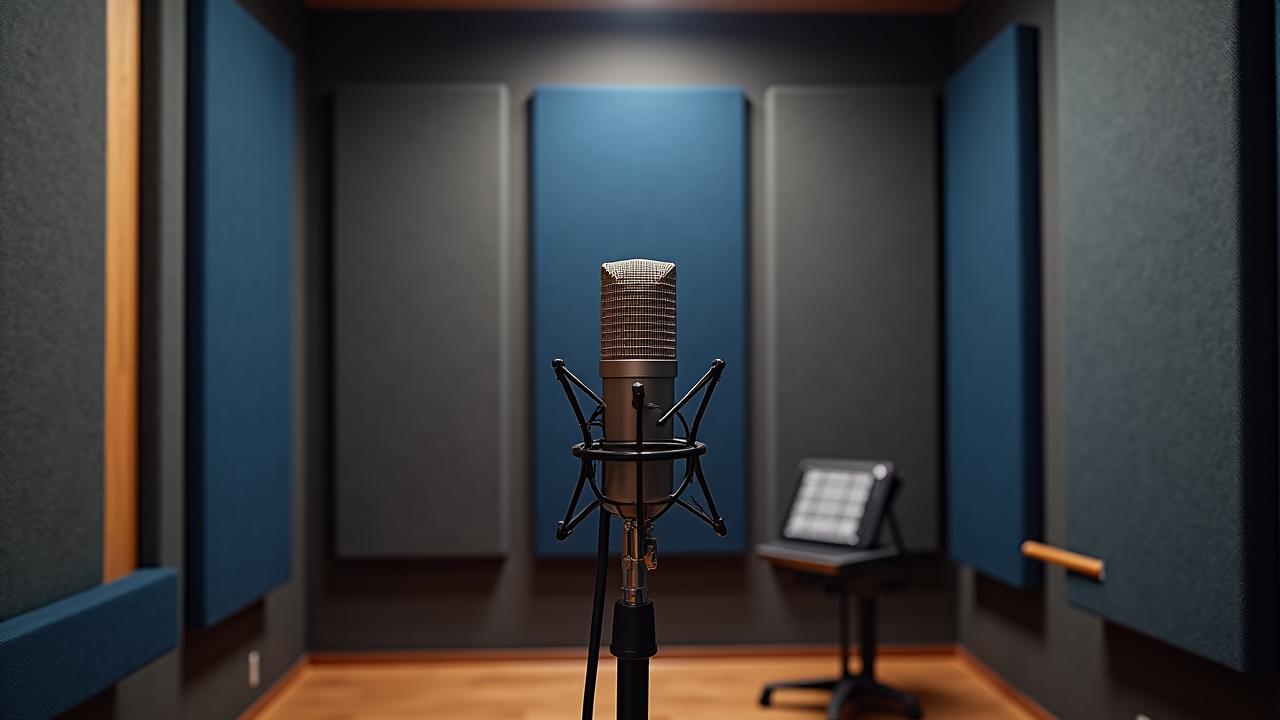 Cabina vocal insonorizada del estudio con micrófono de condensador de alta calidad