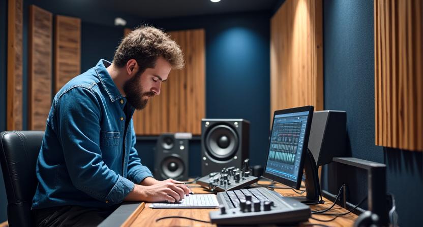Detalle de paneles acústicos y equipo de medición en un estudio de grabación moderno