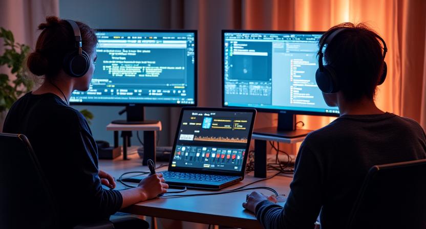 Personas colaborando en una sesión de grabación de audio de forma remota a través de pantallas, con equipo de audio