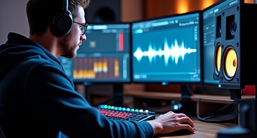 Ingeniero de audio trabajando en una estación de trabajo de masterización con monitores de estudio de alta gama