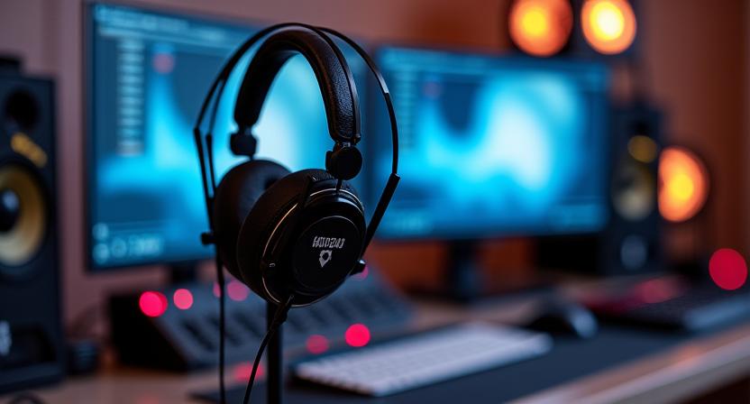 Micrófonos de estudio profesionales y auriculares en un espacio de grabación de podcast